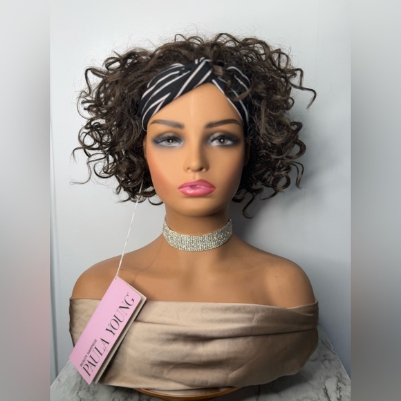 Scarf Headband Curly Hair Brown Wig  - Short hair relistic look - Picture 1 of 7